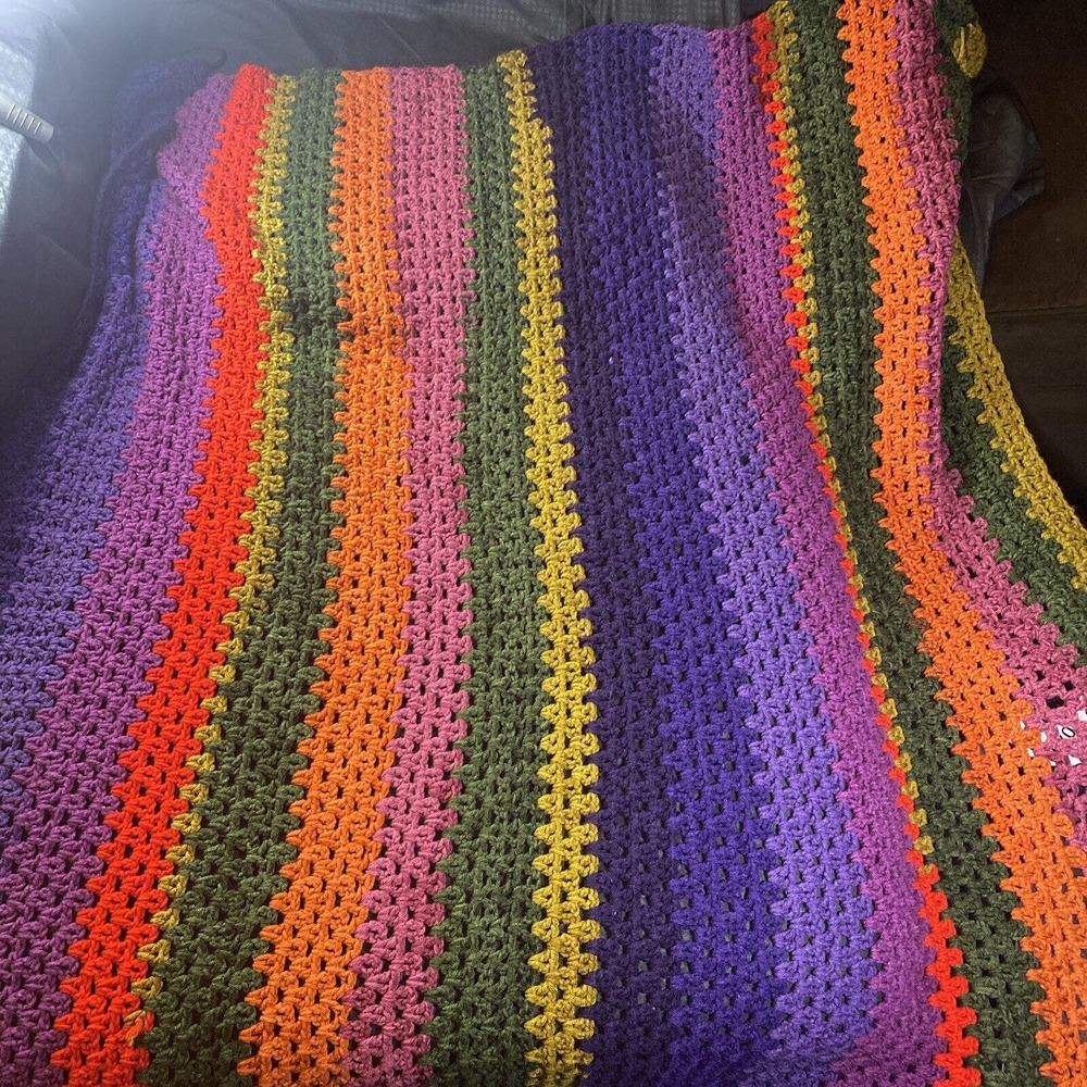 Vintage Homemade Crochet Blanket 44 X 52” Rainbow Multicolor